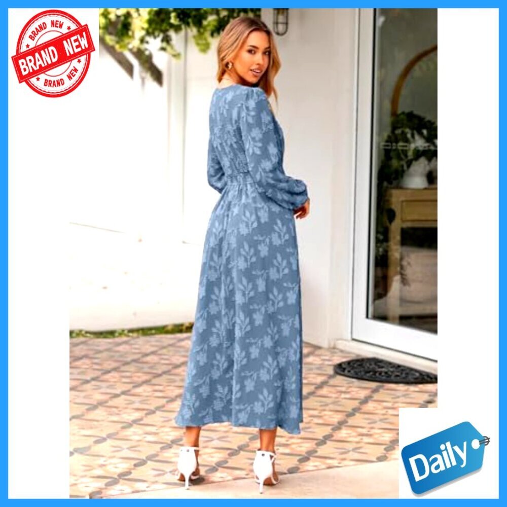 Long Sleeve Maxi Dress V Neck Empire Waist Floral Boho Wedding Guest - Picture 4 of 6
